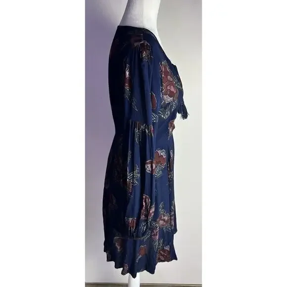 ASTR The Label Womens Size Med Ethel Dress Navy Floral Tassel Long Sleeve - Picture 3 of 11